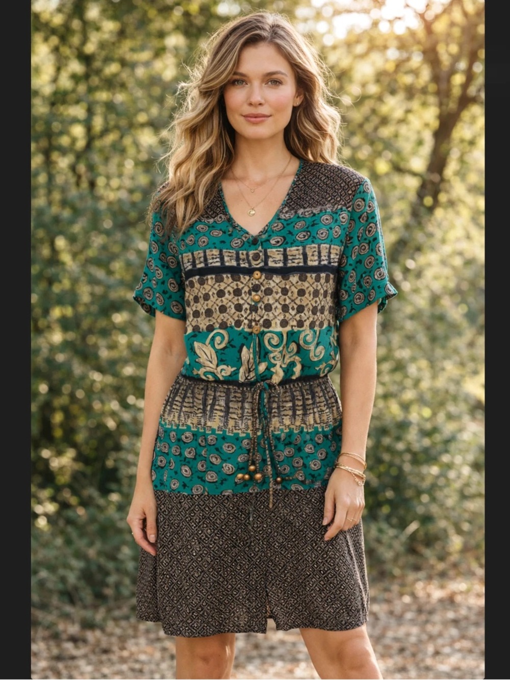 Carole Little Teal and Brown Printed V-Neck Tunic Dress